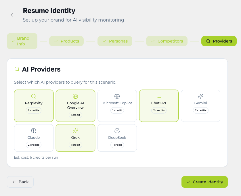 Select AI providers for AI visibility monitoring in Semantio Semantio AI Providers screen for selecting Perplexity, Google AI Overview, Microsoft Copilot, ChatGPT, Gemini, Claude, Grok and DeepSeek for a brand visibility monitoring scenario.