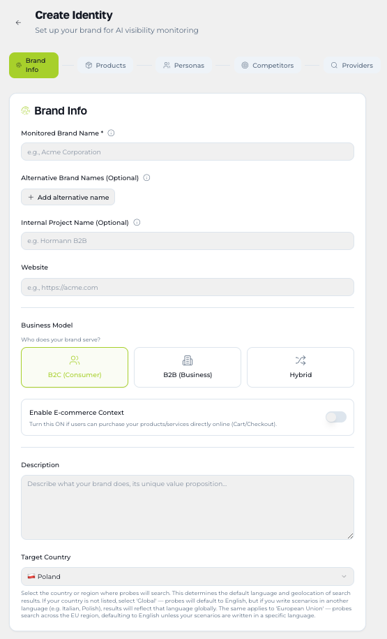 Brand Info setup for AI visibility research in Semantio Semantio Brand Info form for defining a monitored brand, alternative names, website, business model, e-commerce context, description and target country for AI visibility research.