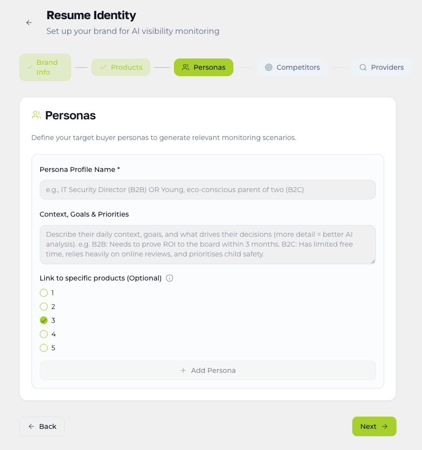 Define buyer personas for AI visibility research in Semantio Semantio Personas form for defining a buyer persona’s name, context, goals and decision priorities for AI visibility monitoring.