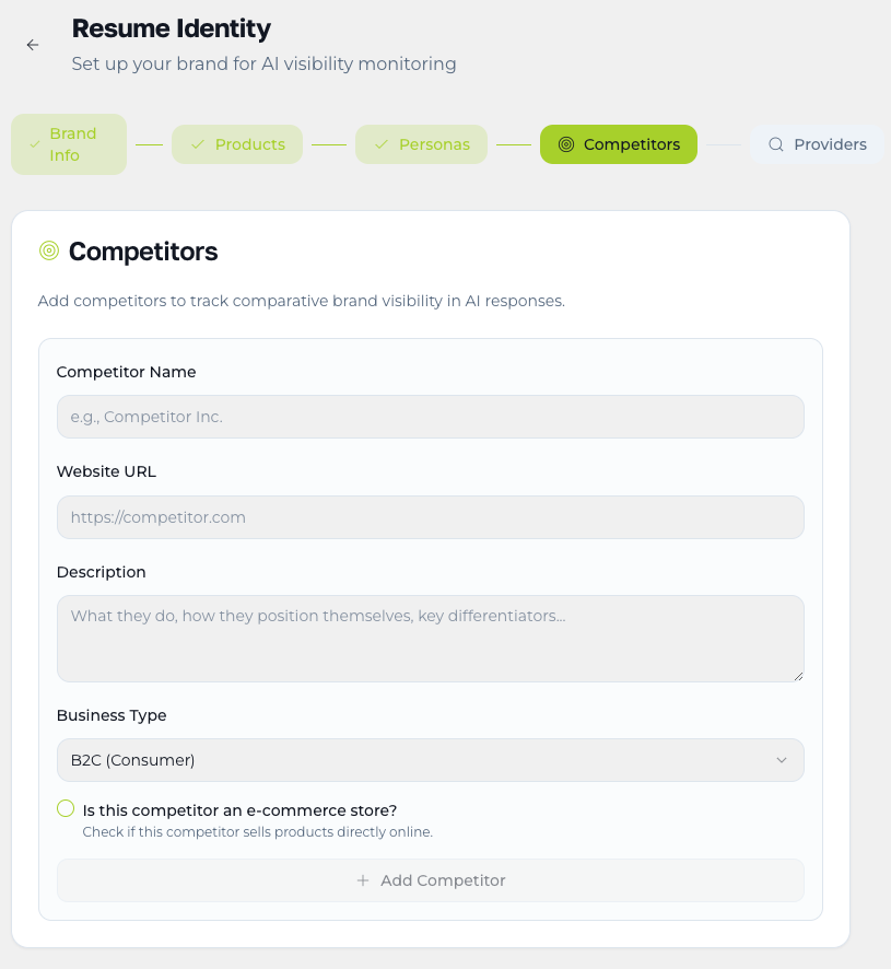 Define competitors for AI visibility research in Semantio Semantio Competitors form for adding a competitor’s name, website, description, business type and e-commerce status for comparative AI visibility monitoring.