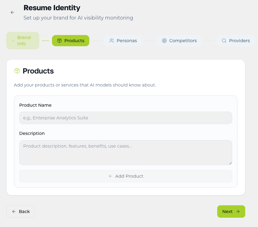 Add products and services for AI visibility research in Semantio Semantio Products form for adding a product or service name and neutral description to a brand identity for AI visibility research.